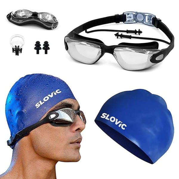 SLOVIC Black Swimming Goggles Blue Swimming Caps Anti Fog Glasses Swimming Kit - LXINDIA.COM