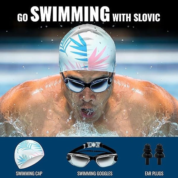 SLOVIC Black Swimming Goggles White Leaf Printed Swimming Caps 3 - LXINDIA.COM