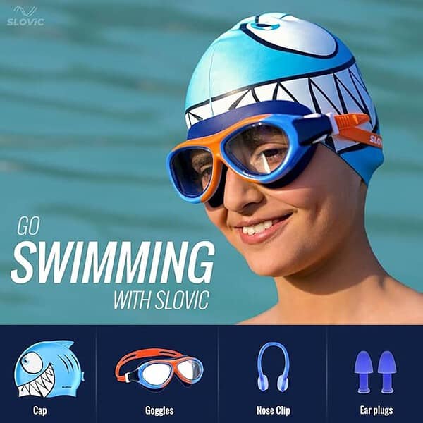 SLOVIC Orange Swimming Goggles Blue Shark Printed Swimming Caps for Kids 2 - LXINDIA.COM