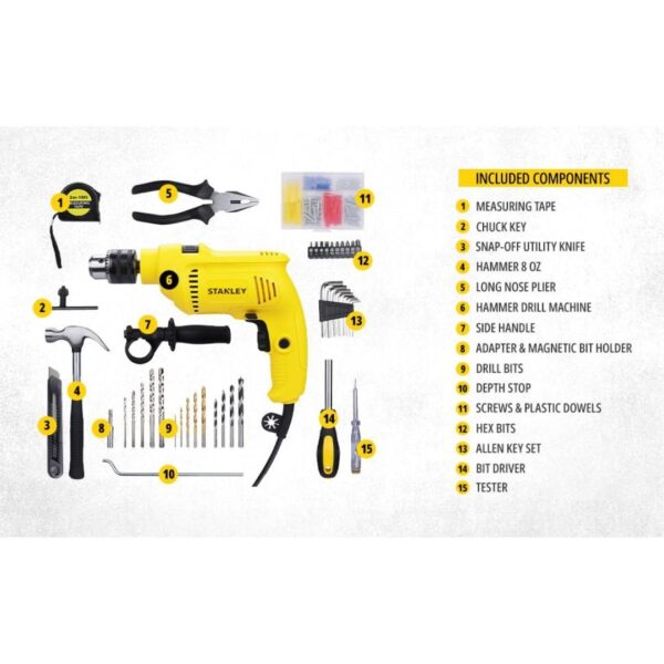 STANLEY SDH600KP 600W 13mm Corded Hammer Drill Machine and Hand Tool Kit2 - LXINDIA.COM