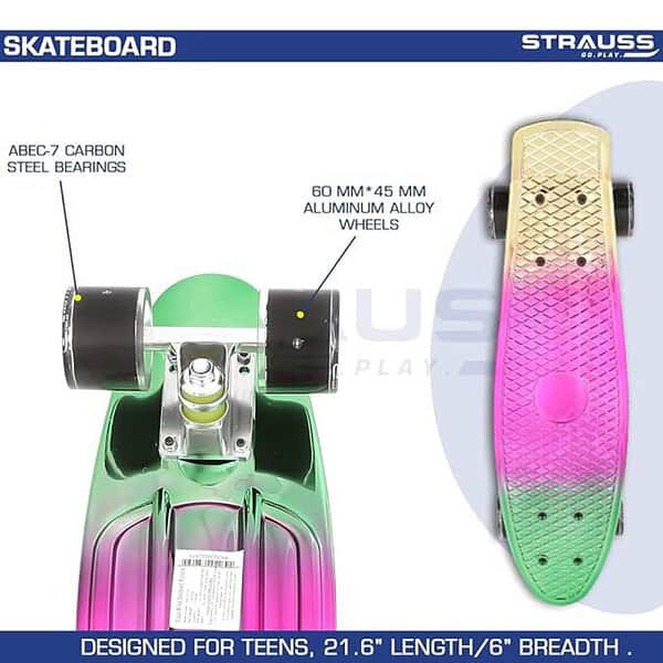 STRAUSS Fibreglass Cruiser Skateboard 22 X 6 Inch Green Pink Yellow 1 - LXINDIA.COM