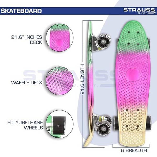 STRAUSS Fibreglass Cruiser Skateboard 22 X 6 Inch Green Pink Yellow 2 - LXINDIA.COM