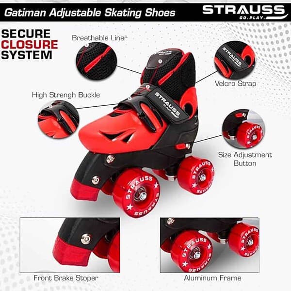 STRAUSS Gatiman Adjustable Latest Designed Roller Skates Black Red 3 - LXINDIA.COM