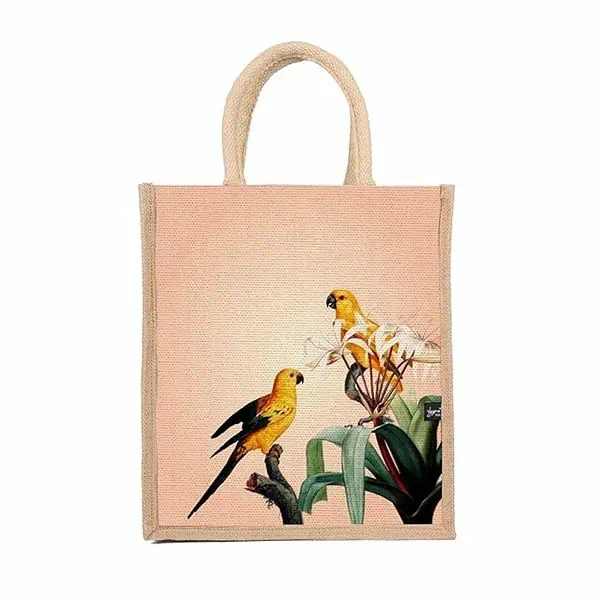 Sangra Multicolor Jute Lunch Bag with Zip and Handle birds pack of 2 - LXINDIA.COM