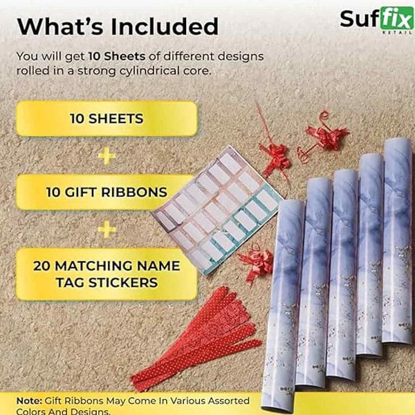 Suffix Retail 10 Pcs Gift Wrapping Paper Sheets With Gift Ribbons and Gift Nametag Stickers Blue3 - LXINDIA.COM