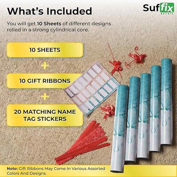 Suffix Retail 10 Pcs Gift Wrapping Paper Sheets With Gift Ribbons and Gift Nametag Stickers Green3 - LXINDIA.COM