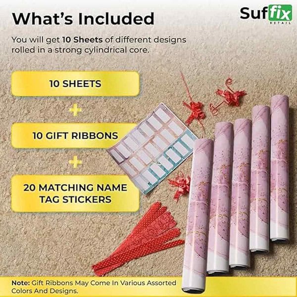 Suffix Retail 10 Pcs Gift Wrapping Paper Sheets With Gift Ribbons and Gift Nametag Stickers Pink3 - LXINDIA.COM