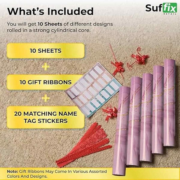 Suffix Retail 10 Pcs Gift Wrapping Paper Sheets With Gift Ribbons and Gift Nametag Stickers Purple3 - LXINDIA.COM