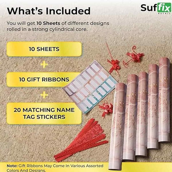 Suffix Retail 10 Pcs Gift Wrapping Paper Sheets With Gift Ribbons and Gift Nametag Stickers3 - LXINDIA.COM