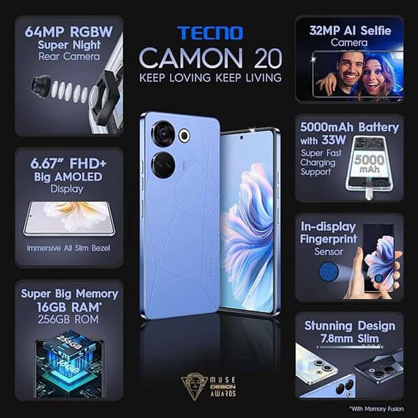 TECNO Camon 20 8GB RAM 256GB Storage Serenity Blue3 - LXINDIA.COM