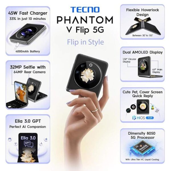 TECNO Phantom V Flip 5G 8GB RAM 256GB Storage Iconic Black1 - LXINDIA.COM