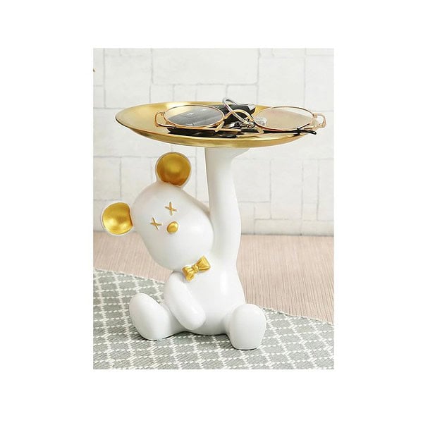 TIED RIBBONS Bear Heart Statue With Metal Tray Plate Showpiece White - LXINDIA.COM