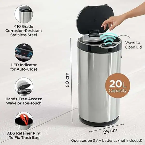 UMAI 20L Round Stainless Steel Automatic Dustbin For Kitchen Silver 3 - LXINDIA.COM