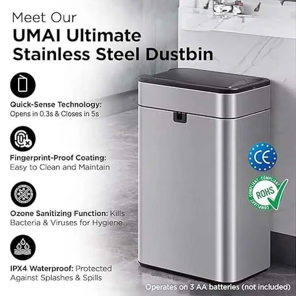 UMAI Stainless Steel Dustbin With Lid 40L Silver 2 - LXINDIA.COM