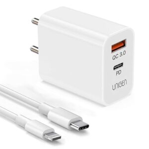 UNIGEN 20W Dual Port USB and Type C PD Charger with 1M Type C to Lightning Cable - LXINDIA.COM