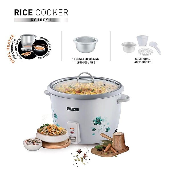 USHA RC10GS1 Steamer 500 Watt Automatic Rice Cooker 1 Litres White1 - LXINDIA.COM