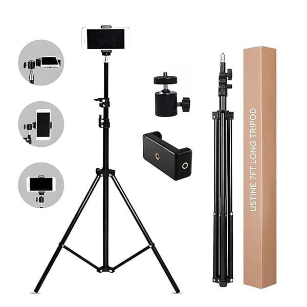 USTINE Portable 7 Feet 84 Inch Long Tripod Stand with Adjustable Mobile Clip Holder - LXINDIA.COM