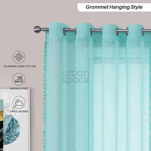 Urban Space Linen Textured Sheer Curtains for Door Set of 2 Aqua Blue7 feet x 4 feet 2 - LXINDIA.COM