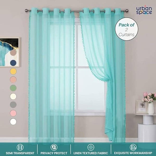 Urban Space Linen Textured Sheer Curtains for Door Set of 2 Aqua Blue7 feet x 4 feet 3 - LXINDIA.COM