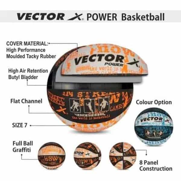 Vector X Power Basketball with Free Air Needle with Pump BLACK WHITE ORANGE 1 - LXINDIA.COM