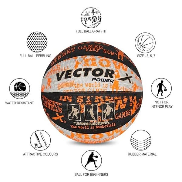 Vector X Power Basketball with Free Air Needle with Pump BLACK WHITE ORANGE 3 - LXINDIA.COM