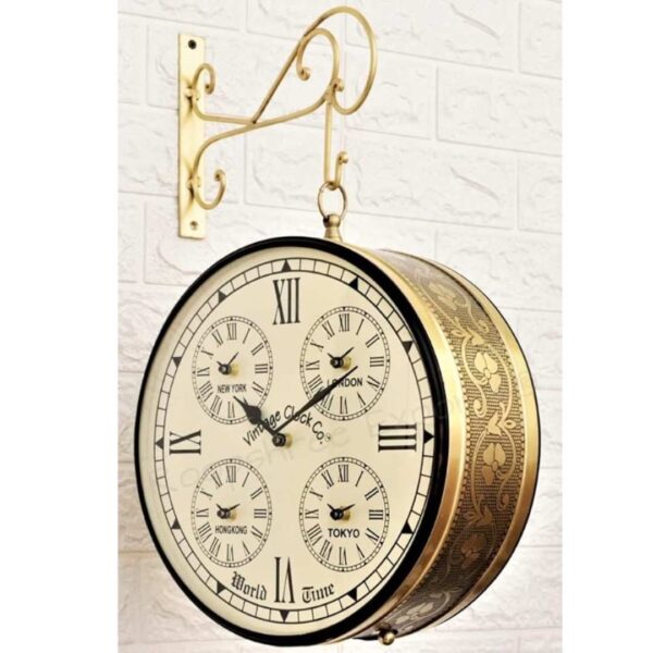 Vintage Clock Iron Handcrafted Double Side Analog Clock Gold - LXINDIA.COM