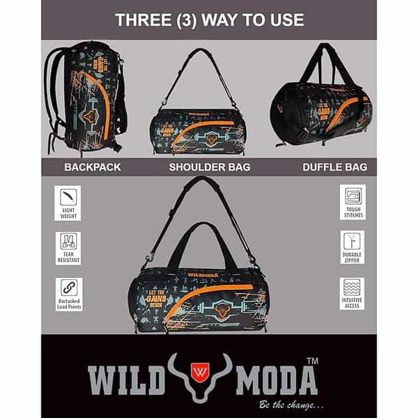 WILD MODA 40L Fitfusion Polyester Gym Bag Black Orange 2 - LXINDIA.COM