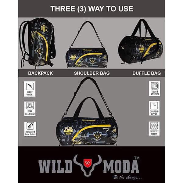 WILD MODA 40L Fitfusion Polyester Gym Bag Black Yellow 1 - LXINDIA.COM