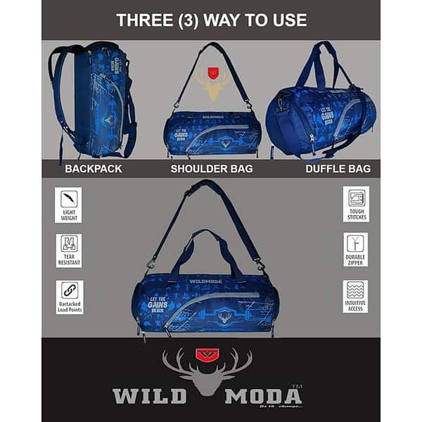 WILD MODA 40L Fitfusion Polyester Gym Bag Blue 1 - LXINDIA.COM