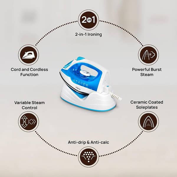 Wipro Elato GS206 2in1 Cord plus Cordless Steam Iron White Blue3 - LXINDIA.COM