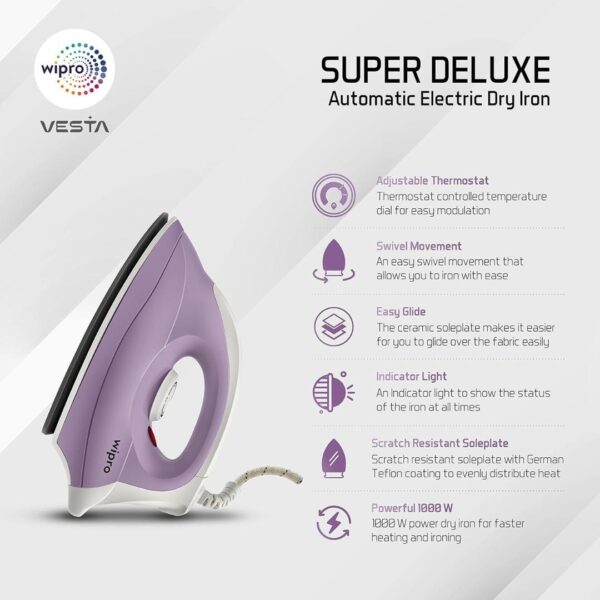 Wipro GD205 Super Deluxe 1000 Watt Electric Dry Iron Violet2 - LXINDIA.COM