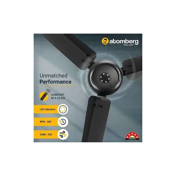 atomberg Efficio Alpha 1200mm BLDC Ceiling Fan with Remote Control Gloss BlackA - LXINDIA.COM