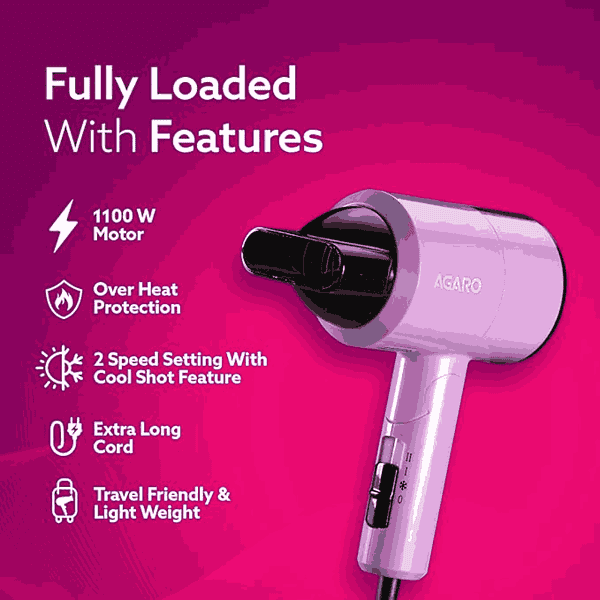 AGARO HD1211 1100 Watts Foldable Hair Dryer Compact in Size Purple2 - LXINDIA.COM