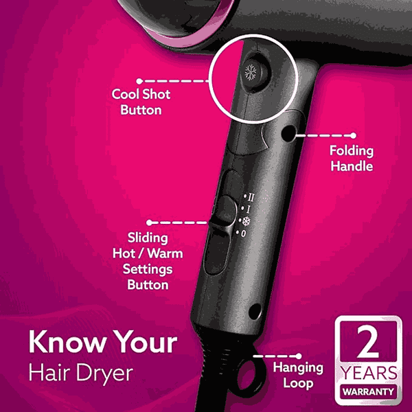 AGARO HD1214 Hair Dryer with 3 Temperature Settings and Cool Shot Button 2 - LXINDIA.COM