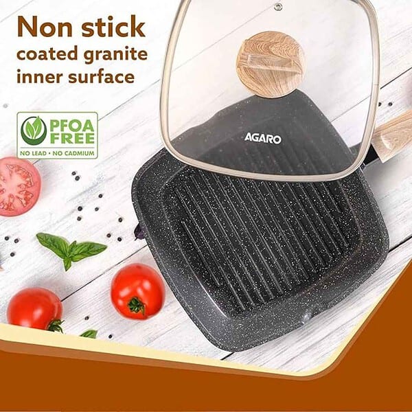 AGARO Imperial Granite Non Stick Grill pan with Glass Lid 24cm Dark Grey1 - LXINDIA.COM