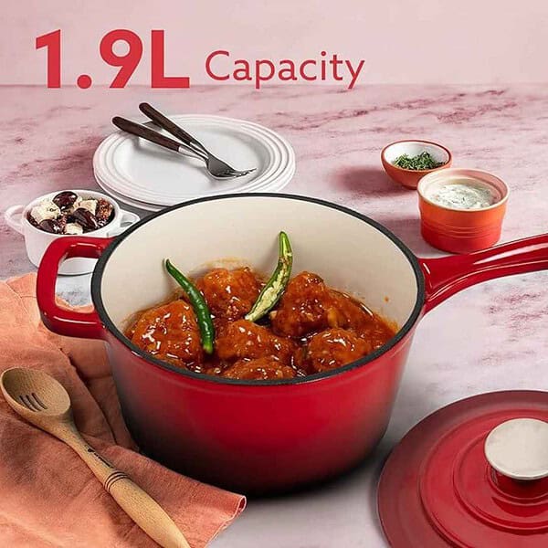 AGARO Royal Enamelled Cast Iron Sauce Pan with Lid 19 cm Diameter Red1 - LXINDIA.COM