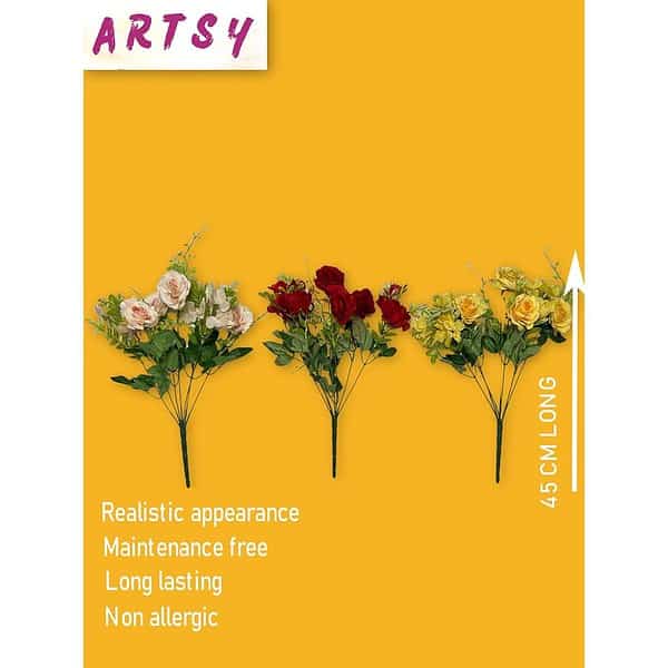 ARTSY Polyester Artificial Flowers For Decoration Pack Of 3 Piece Maroon And Yellow B - LXINDIA.COM