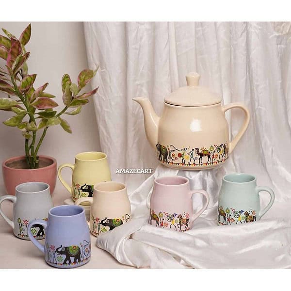 Amazecart Flask Shape Ceramic Glossy Tea Set of 7 Pcs white - LXINDIA.COM