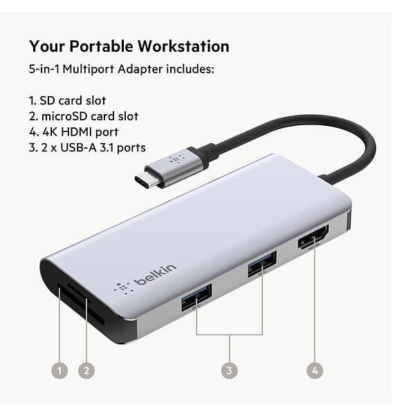 Belkin USB C Hub 5 in 1 MultiPort Adapter Dock with 4K 2 - LXINDIA.COM