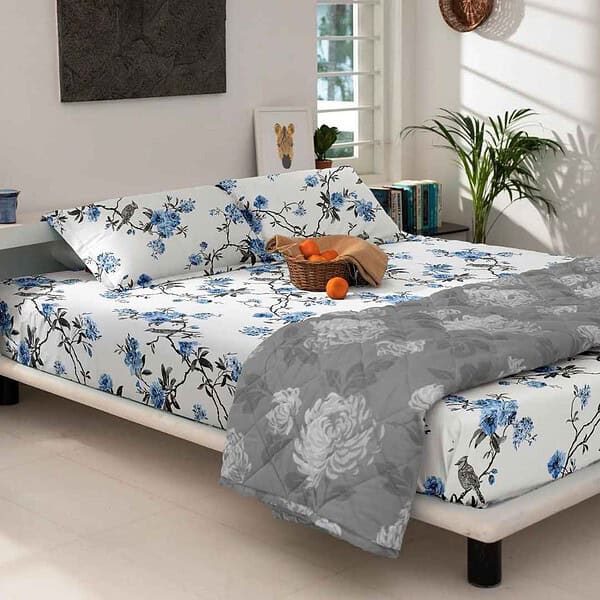 Blue Dahlia Cotton Sateen Weave Bedsheet Printed White1 1 - LXINDIA.COM