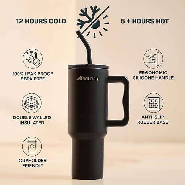 Boldfit Tumbler Bottle Water Bottle with Lid and Straw 1.2 Black A - LXINDIA.COM