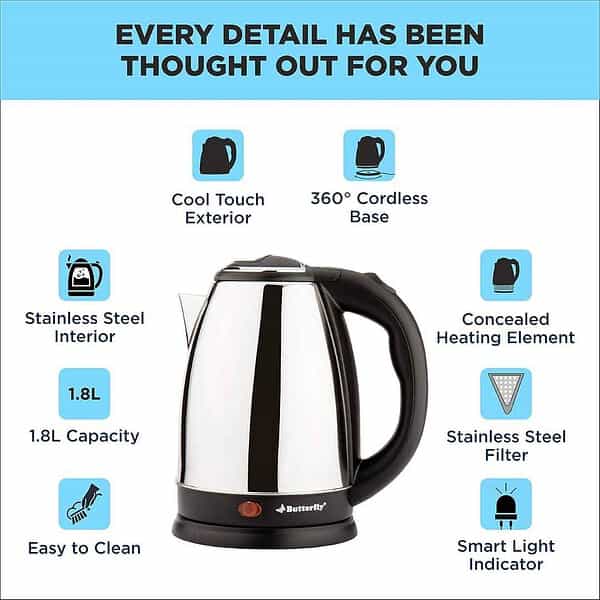 Butterfly EKN 1.8L 1500 Watt Electric Kettle Stainless Steel3 - LXINDIA.COM