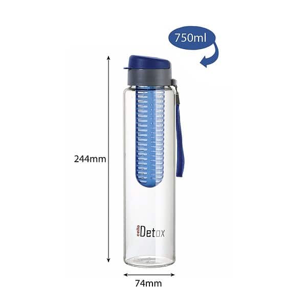 CELLO Detox Infuser Glass Water Bottle 750ml Blue B - LXINDIA.COM