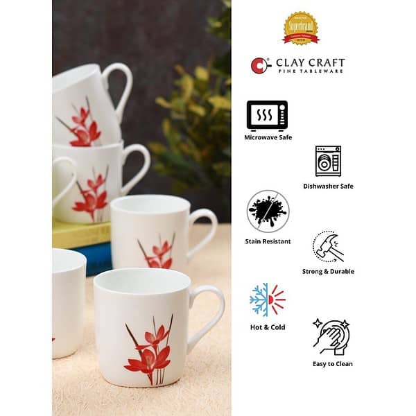 Clay Craft Fine Ceramic Red Flower Tea Cups Set of 6 a - LXINDIA.COM