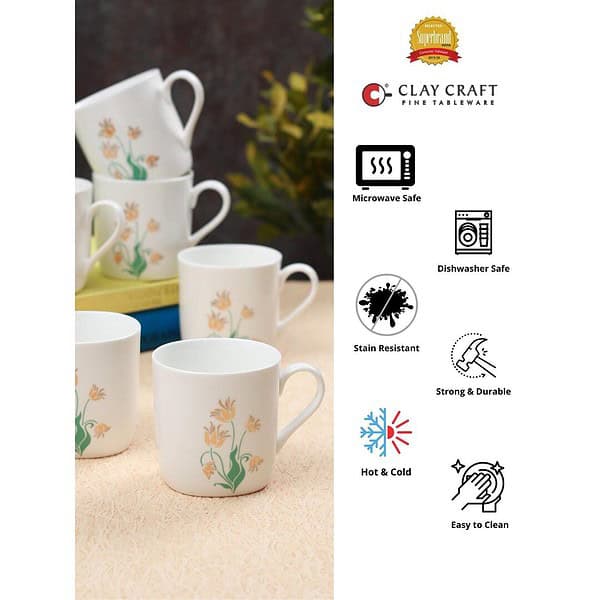 Clay Craft Fine Ceramic Yellow Flower Tea Cups Set of 6 A - LXINDIA.COM