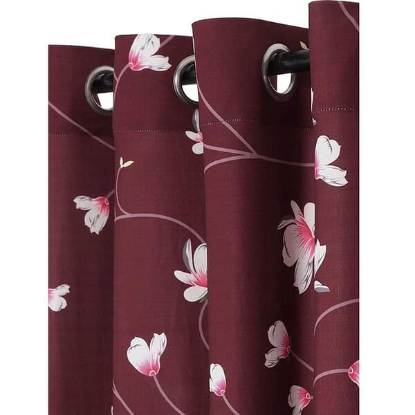 Cortina Floral Print Polyester Curtains with Metal Eyelet 7Ft Set of 2 Maroon 1 - LXINDIA.COM