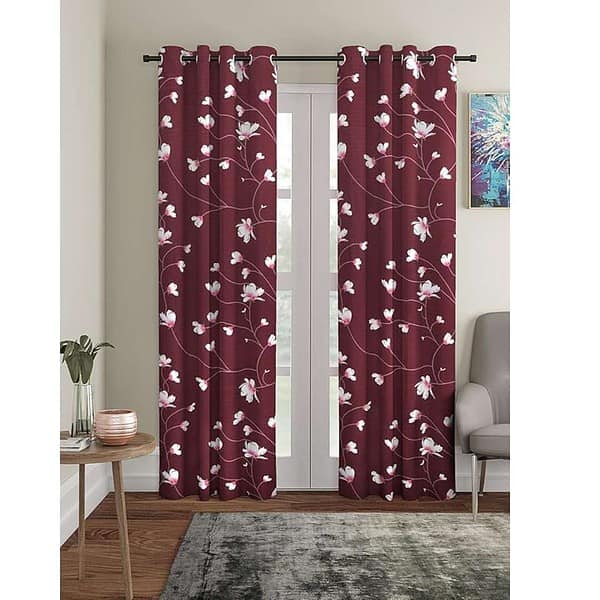 Cortina Floral Print Polyester Curtains with Metal Eyelet 7Ft Set of 2 Maroon - LXINDIA.COM