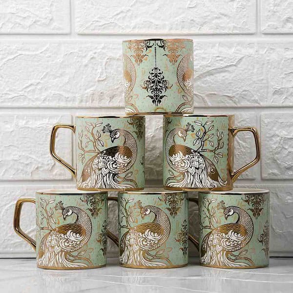 Femora Premium Peacock Motif with Leaves Pattern Tea Cup Set of 6 - LXINDIA.COM