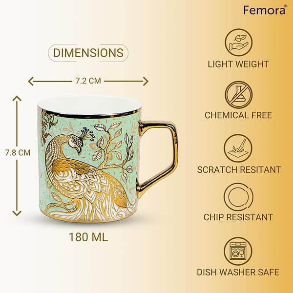 Femora Premium Peacock Motif with Leaves Pattern Tea Cup Set of 6 A - LXINDIA.COM