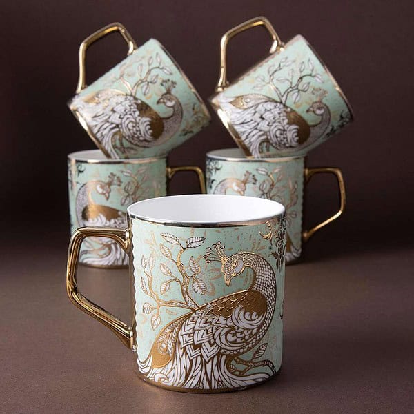 Femora Premium Peacock Motif with Leaves Pattern Tea Cup Set of 6 B - LXINDIA.COM